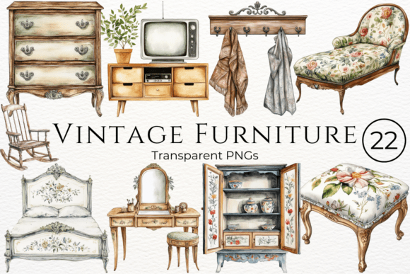 Download Vintage Furniture Watercolor Clipart - Color Collection