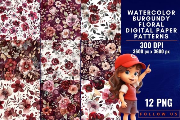 Download Watercolor Burgundy Floral Digital Paper - Color Collection