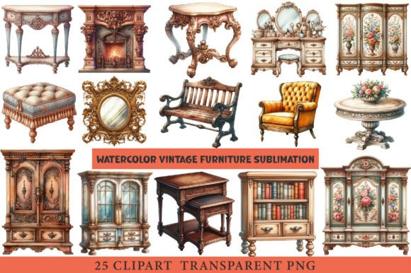 Download Vintage Furniture Watercolor Clipart - Color Collection