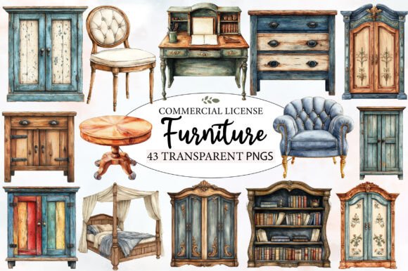 Download Vintage Furniture Watercolor Clipart - Color Collection